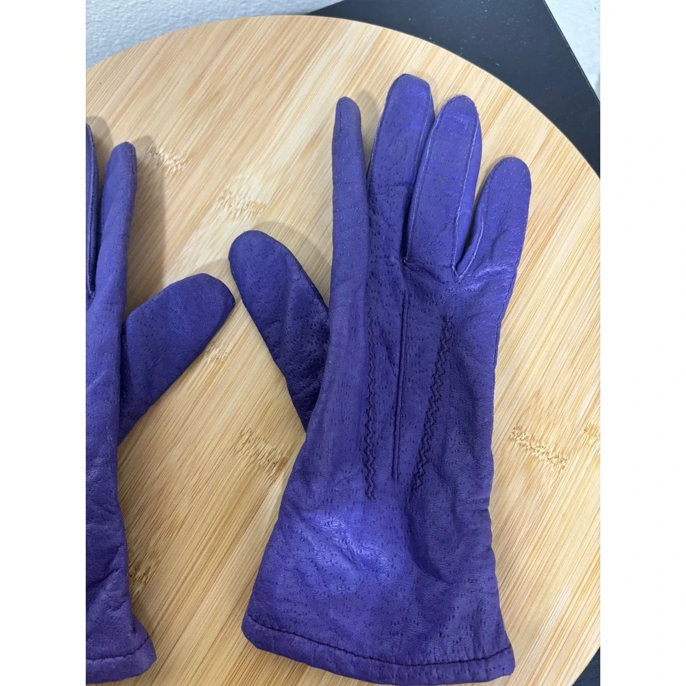 Fownes Gloves 6.5 Vintage Genuine Leather Purple Knit Lined Stitched Detail
